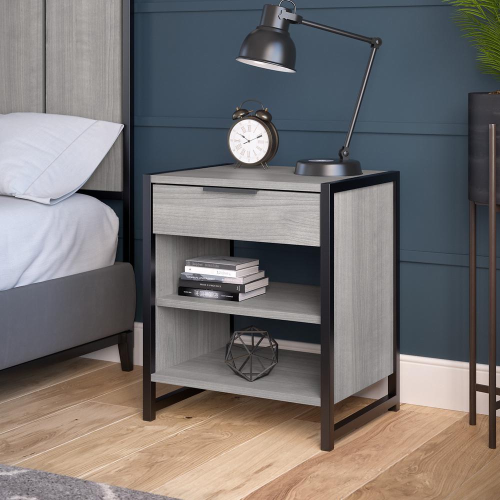 kathy ireland® Home by Bush Furniture Atria Small Nightstand with Drawer and Shelves in Platinum Gray. Picture 3