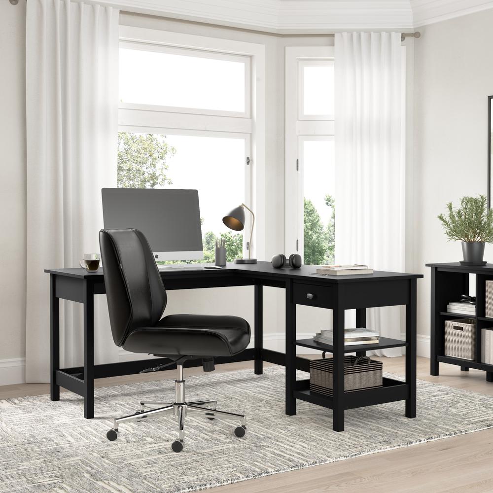 60W L Shaped Computer Desk with Storage in Classic Black. Picture 9