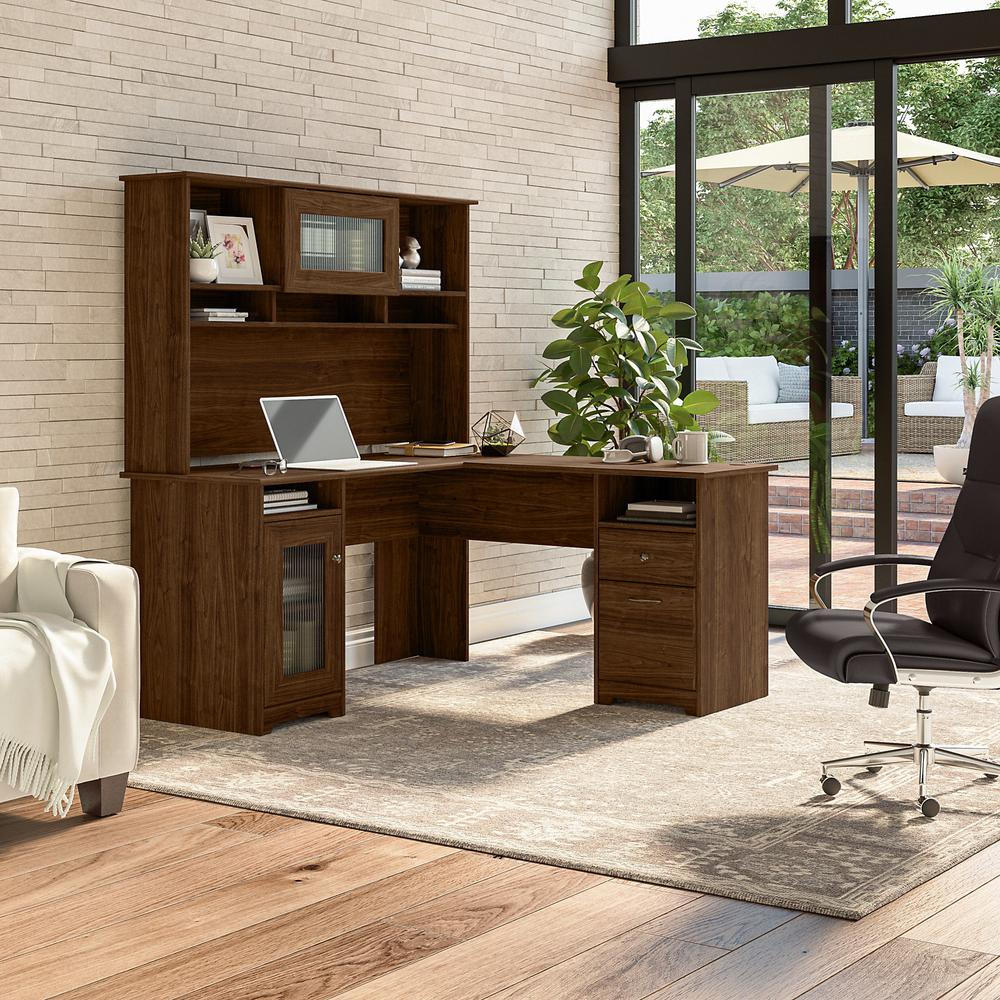 Bush Furniture Cabot 60W L Shaped Computer Desk with Hutch and Storage, Modern Walnut. Picture 2
