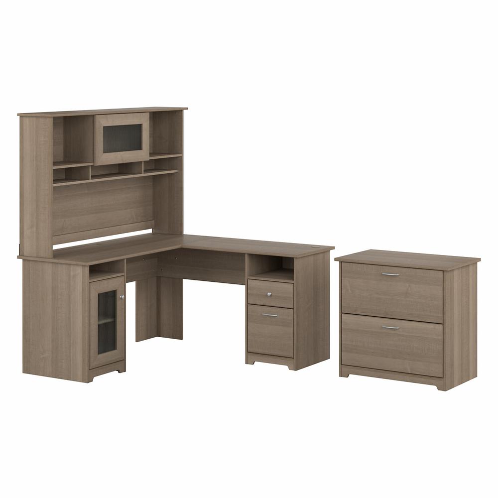 Bush Furniture Cabot 60W L Shaped Computer Desk with Hutch and Lateral File Cabinet, Ash Gray. Picture 1