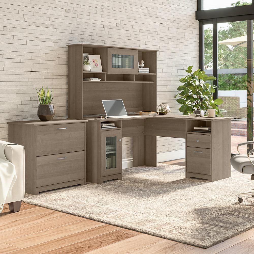 Bush Furniture Cabot 60W L Shaped Computer Desk with Hutch and Lateral File Cabinet, Ash Gray. Picture 4
