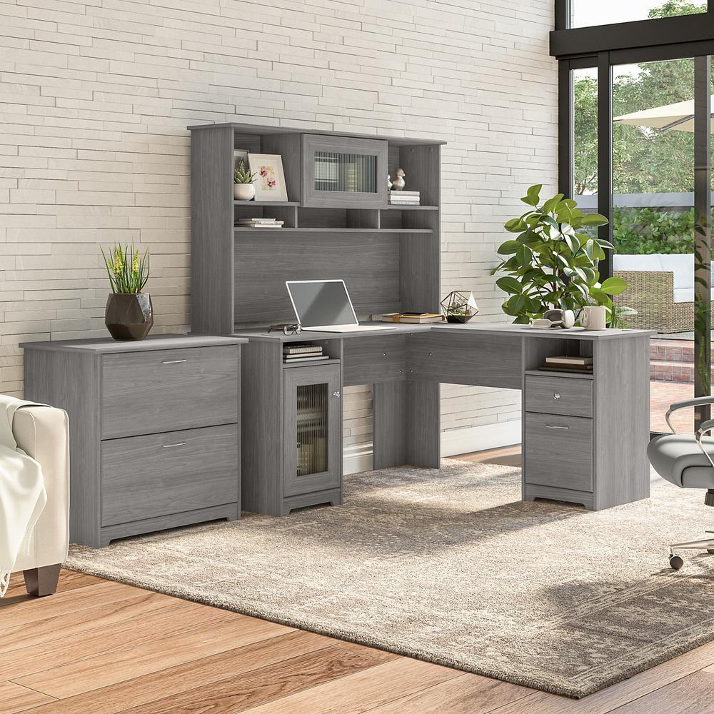 Bush Furniture Cabot 60W L Shaped Computer Desk with Hutch and Lateral File Cabinet, Modern Gray. Picture 2