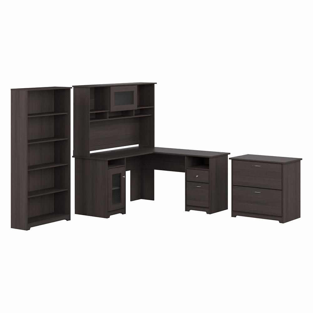 Bush Furniture Cabot 60W L Shaped Computer Desk with Hutch, File Cabinet and Bookcase, Heather Gray. Picture 1