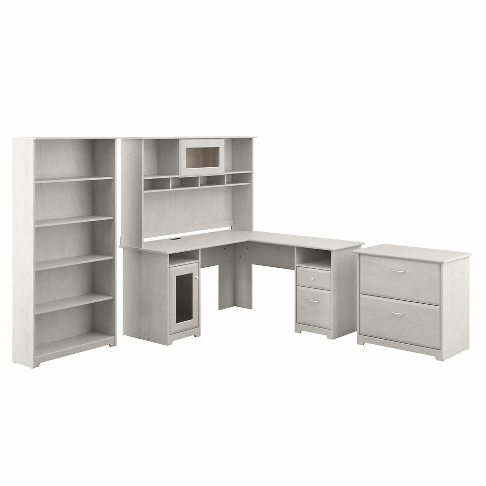Bush Furniture Cabot L Shaped Desk with Hutch, Lateral File Cabinet and 5 Shelf Bookcase, Linen White Oak. Picture 1