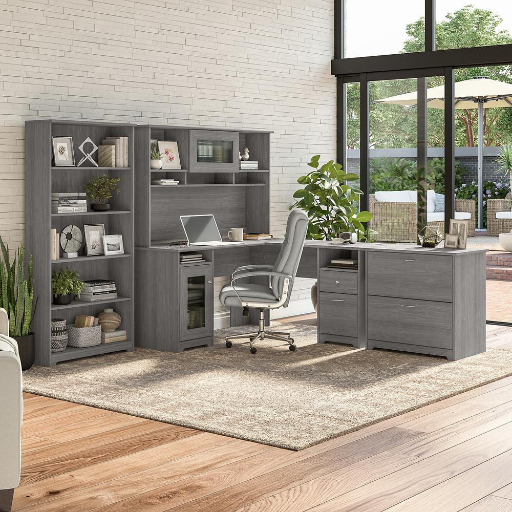 Bush Furniture Cabot 60W L Shaped Computer Desk with Hutch, File Cabinet and Bookcase, Modern Gray. Picture 2