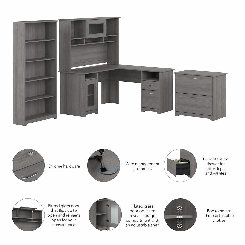 Bush Furniture Cabot 60W L Shaped Computer Desk with Hutch, File Cabinet and Bookcase, Modern Gray. Picture 3