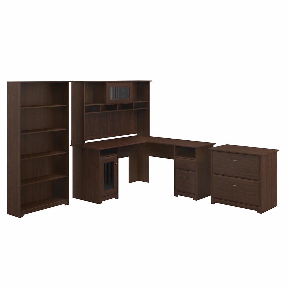 Bush Furniture Cabot L Shaped Desk with Hutch, Lateral File Cabinet and 5 Shelf Bookcase. Picture 1