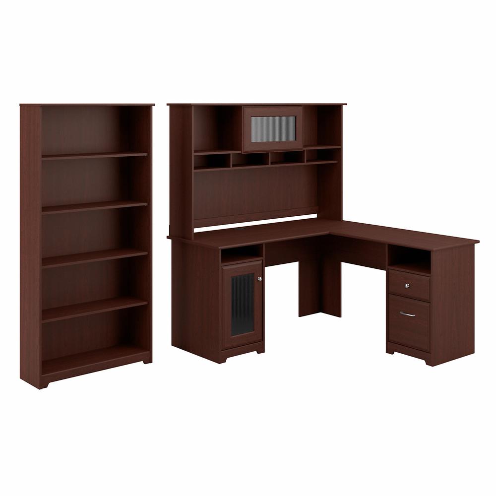 Bush Furniture Cabot 60W L Shaped Computer Desk with Hutch and 5 Shelf Bookcase, Harvest Cherry. Picture 1