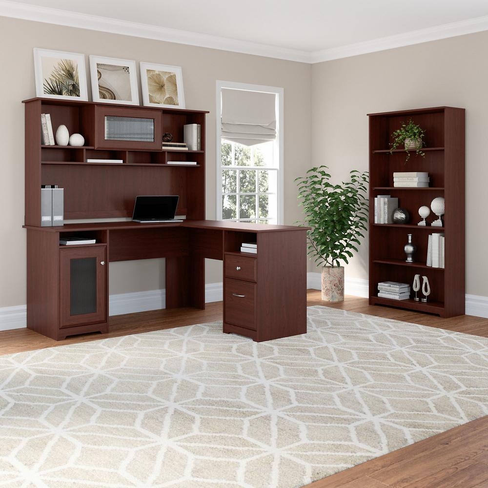 Bush Furniture Cabot 60W L Shaped Computer Desk with Hutch and 5 Shelf Bookcase, Harvest Cherry. Picture 2