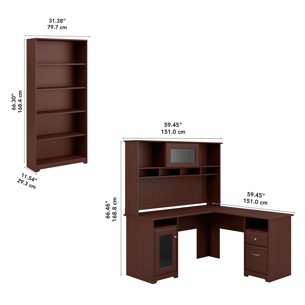 Bush Furniture Cabot 60W L Shaped Computer Desk with Hutch and 5 Shelf Bookcase, Harvest Cherry. Picture 5