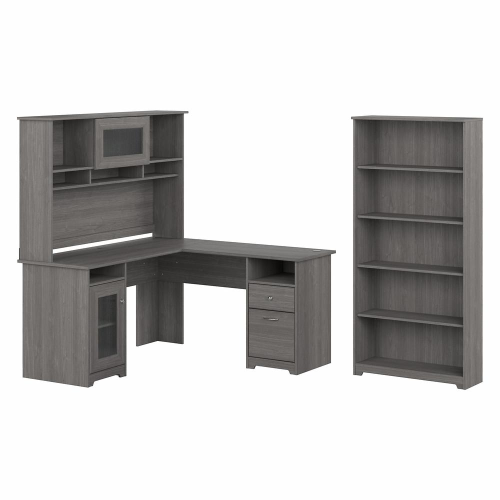 Bush Furniture Cabot 60W L Shaped Computer Desk with Hutch and 5 Shelf Bookcase, Modern Gray. Picture 1