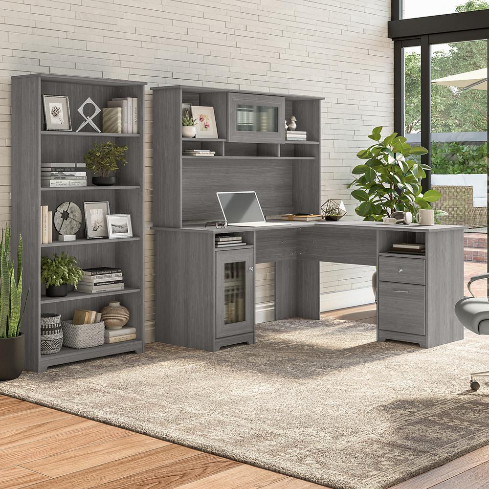 Bush Furniture Cabot 60W L Shaped Computer Desk with Hutch and 5 Shelf Bookcase, Modern Gray. Picture 2