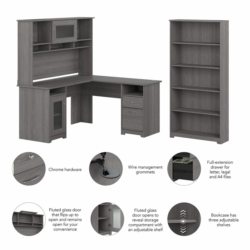 Bush Furniture Cabot 60W L Shaped Computer Desk with Hutch and 5 Shelf Bookcase, Modern Gray. Picture 3