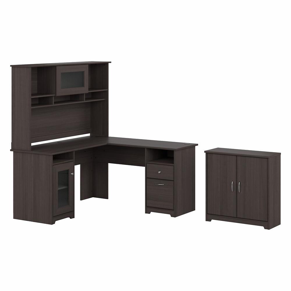 Bush Furniture Cabot 60W L Shaped Computer Desk with Hutch and Small Storage Cabinet, Heather Gray. Picture 1