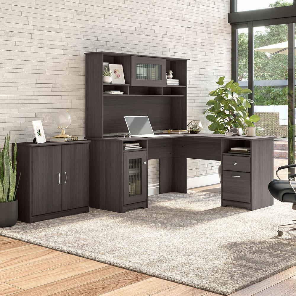 Bush Furniture Cabot 60W L Shaped Computer Desk with Hutch and Small Storage Cabinet, Heather Gray. Picture 7