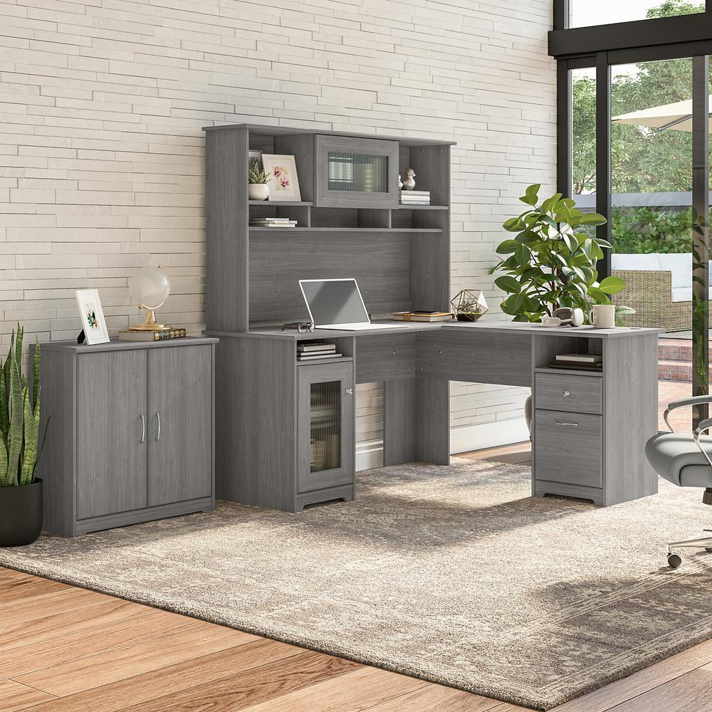 Bush Furniture Cabot 60W L Shaped Computer Desk with Hutch and Small Storage Cabinet, Modern Gray. Picture 2