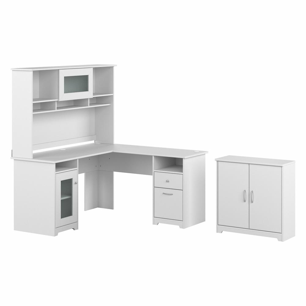 Bush Furniture Cabot 60W L Shaped Computer Desk with Hutch and Small Storage Cabinet, White. Picture 1