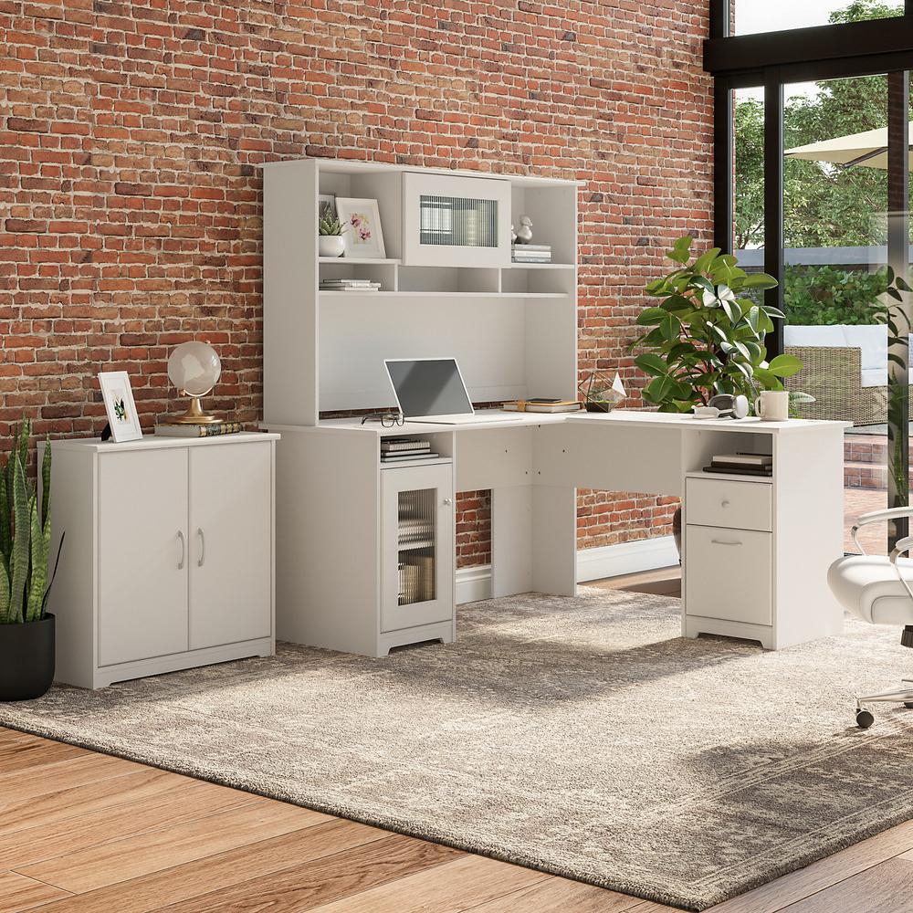Bush Furniture Cabot 60W L Shaped Computer Desk with Hutch and Small Storage Cabinet, White. Picture 2