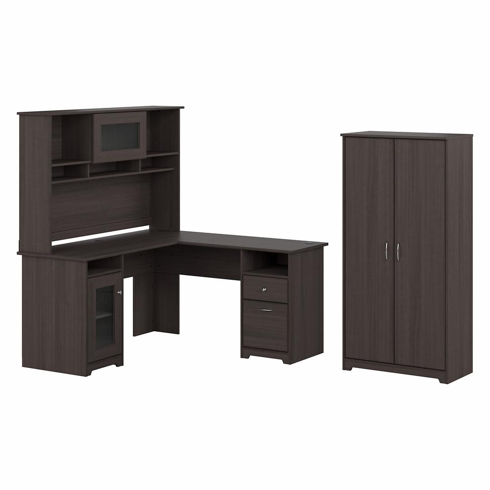 Bush Furniture Cabot 60W L Shaped Computer Desk with Hutch and Tall Storage Cabinet, Heather Gray. Picture 1