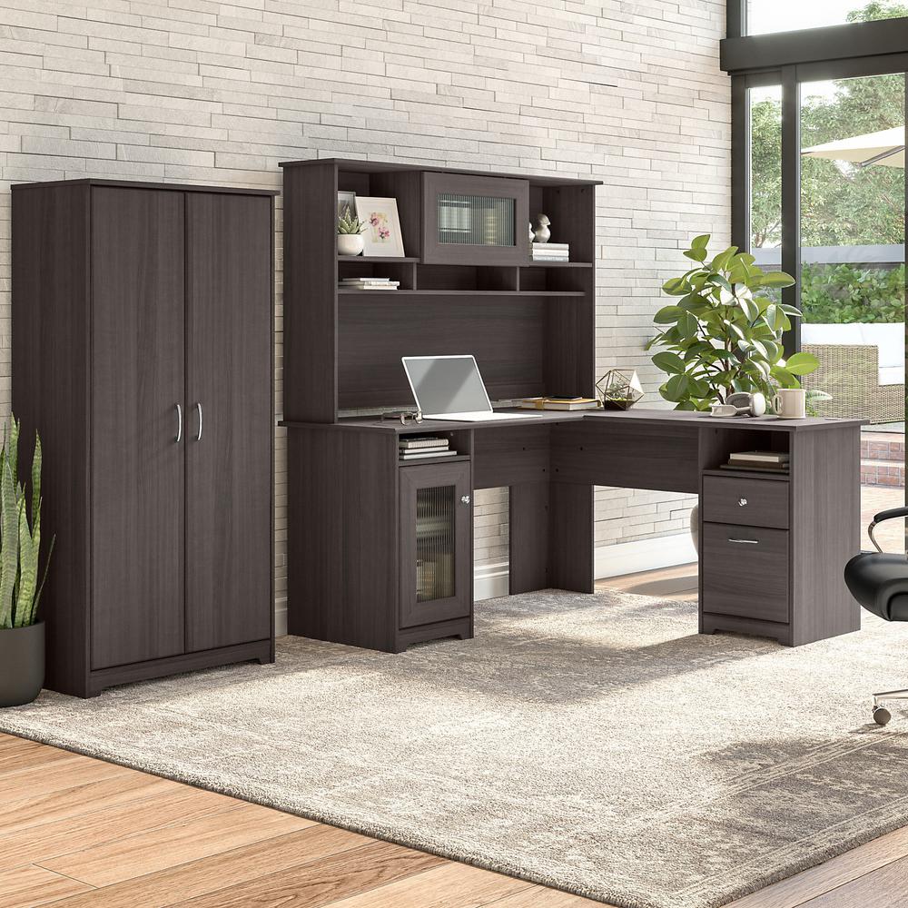 Bush Furniture Cabot 60W L Shaped Computer Desk with Hutch and Tall Storage Cabinet, Heather Gray. Picture 2