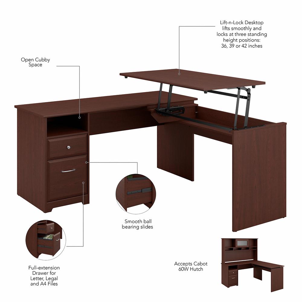 Bush Furniture Cabot 60W 3 Position L Shaped Sit to Stand Desk, Harvest Cherry. Picture 3