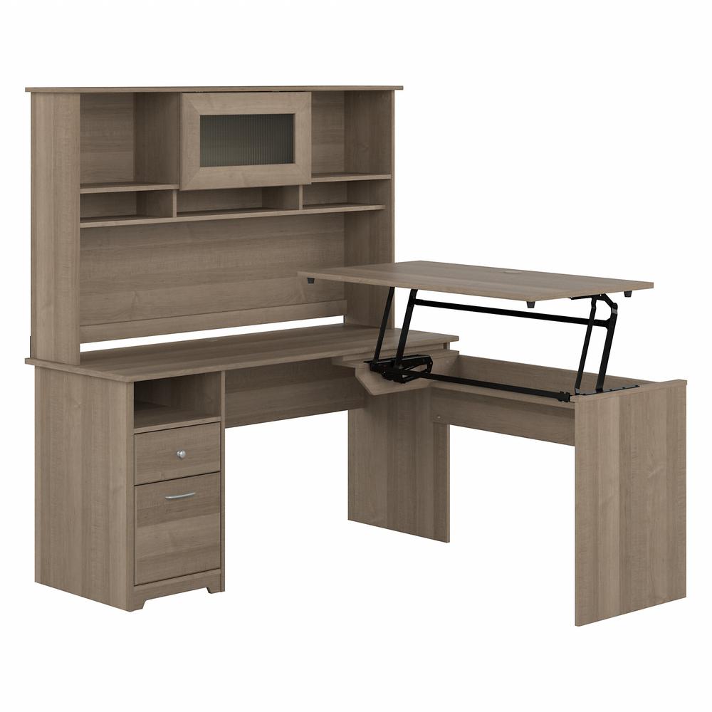 Bush Furniture Cabot 60W 3 Position Sit to Stand L Shaped Desk with Hutch, Ash Gray. Picture 1