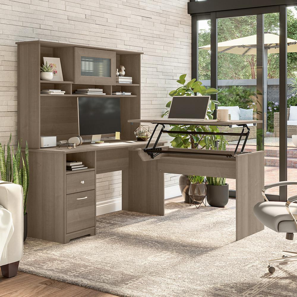 Bush Furniture Cabot 60W 3 Position Sit to Stand L Shaped Desk with Hutch, Ash Gray. Picture 2