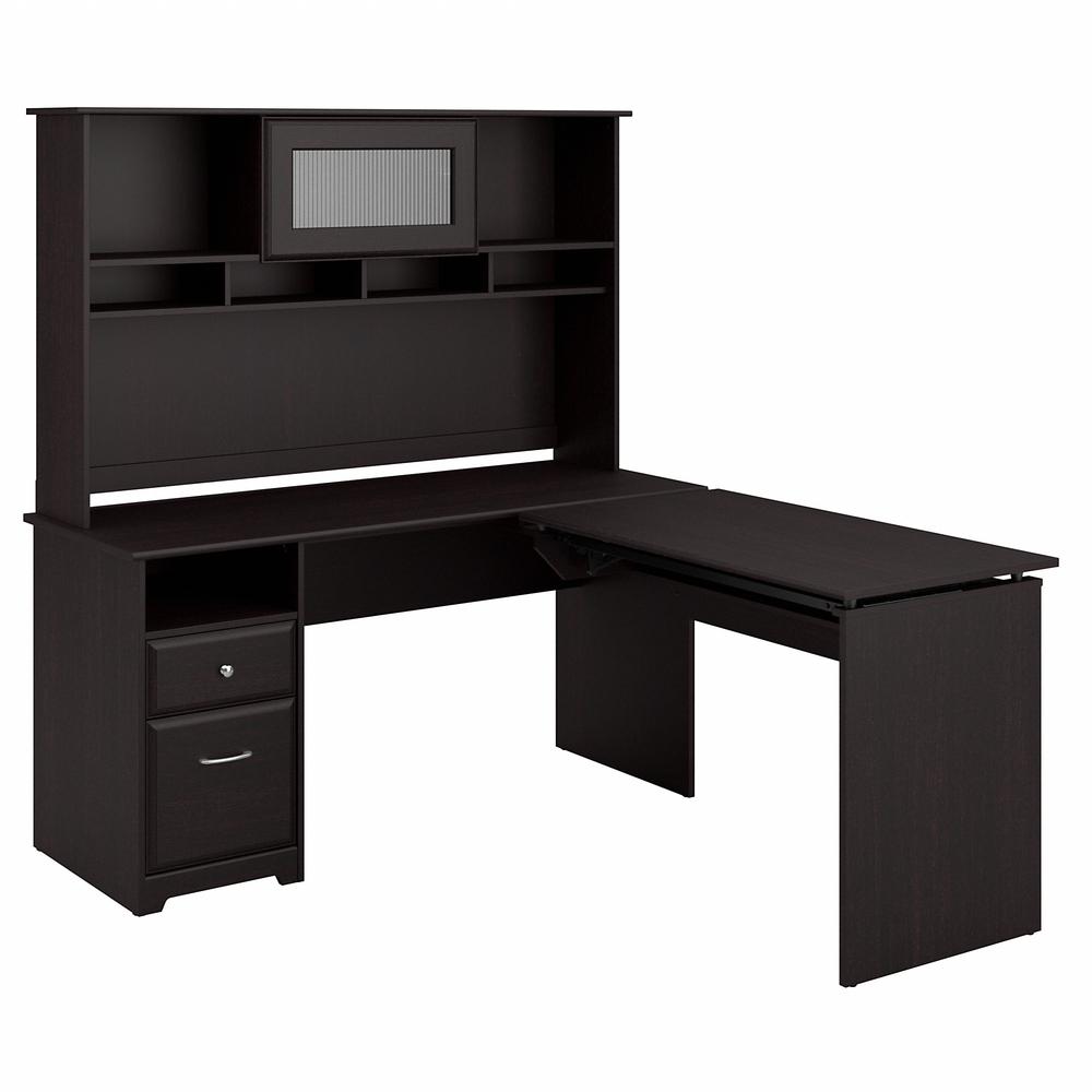 Bush Furniture Cabot 60W 3 Position L Shaped Sit to Stand Desk with Hutch, Espresso Oak. Picture 1