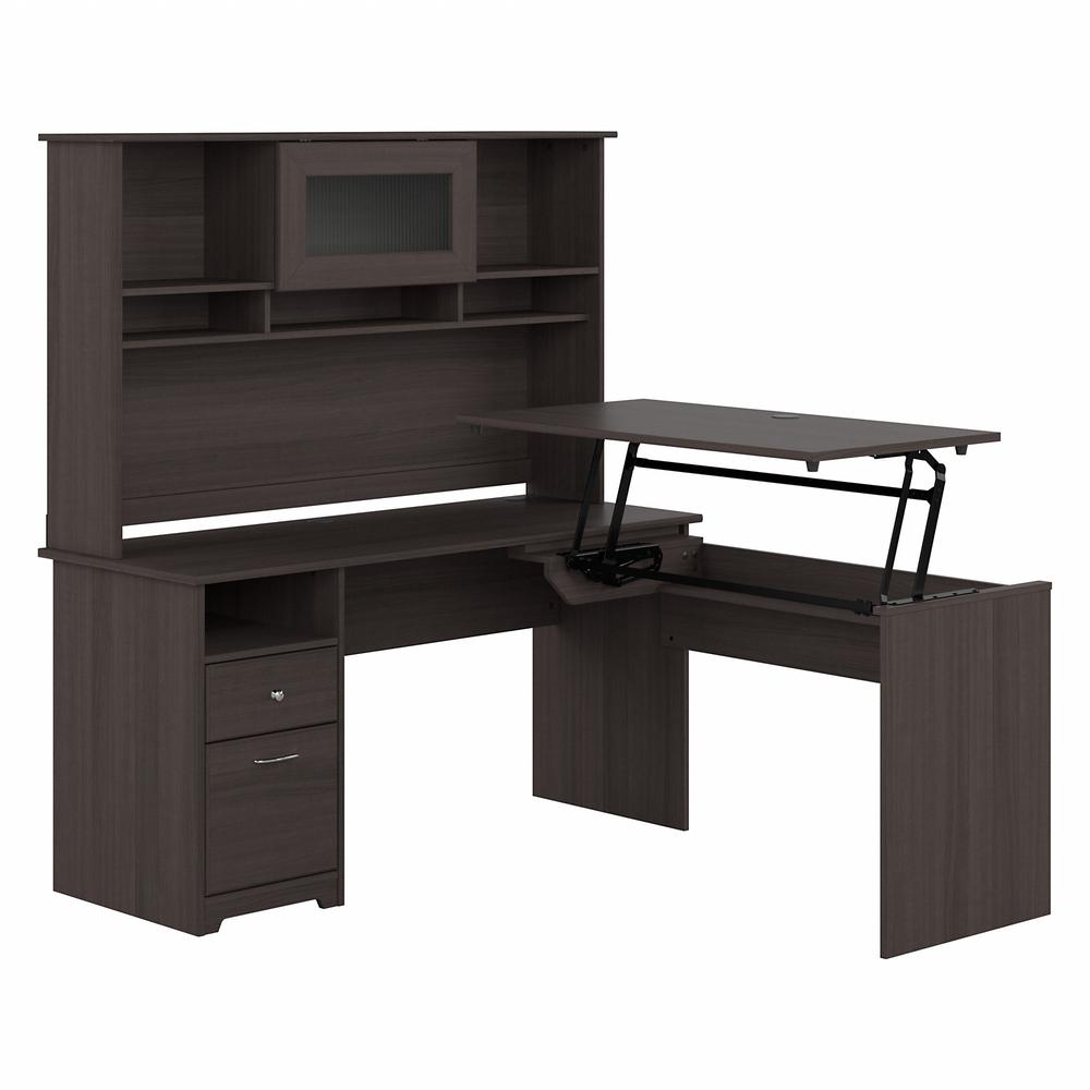Bush Furniture Cabot 60W 3 Position Sit to Stand L Shaped Desk with Hutch, Heather Gray. Picture 1
