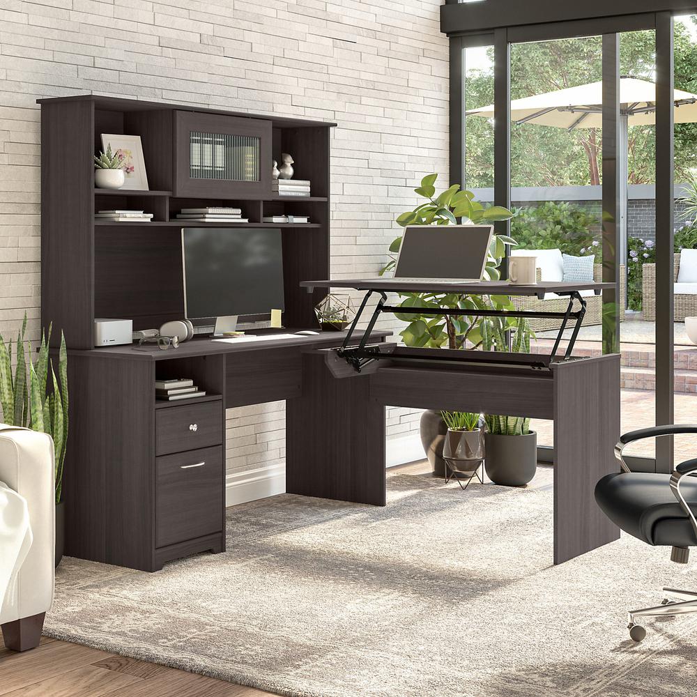 Bush Furniture Cabot 60W 3 Position Sit to Stand L Shaped Desk with Hutch, Heather Gray. Picture 2