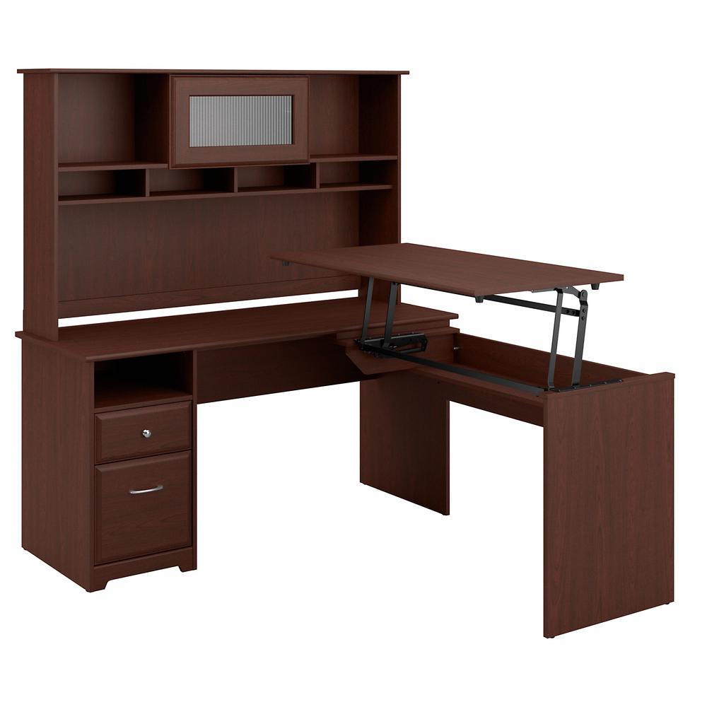 Bush Furniture Cabot 60W 3 Position L Shaped Sit to Stand Desk with Hutch, Harvest Cherry. Picture 1