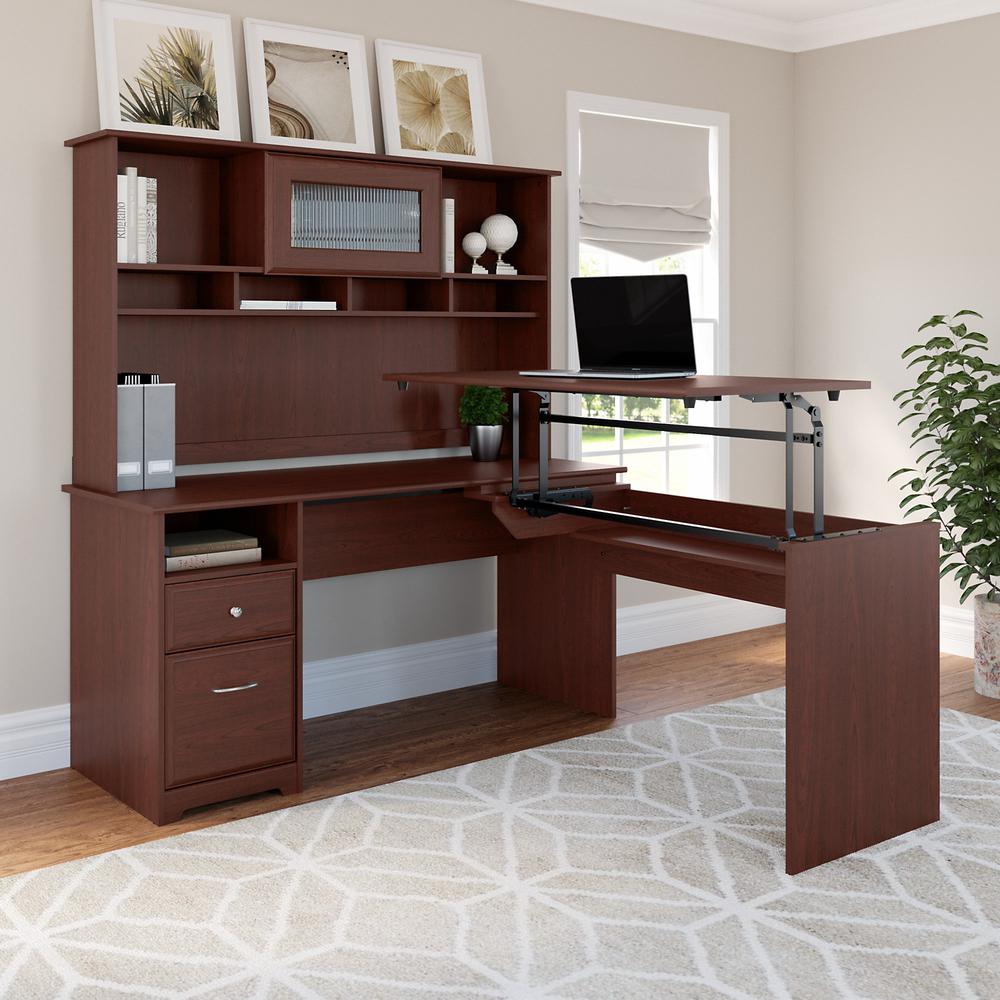 Bush Furniture Cabot 60W 3 Position L Shaped Sit to Stand Desk with Hutch, Harvest Cherry. Picture 3