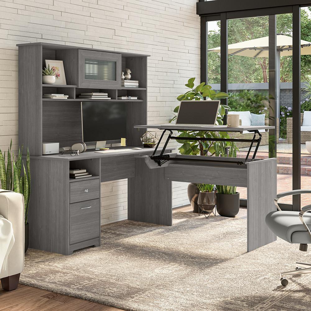 Bush Furniture Cabot 60W 3 Position Sit to Stand L Shaped Desk with Hutch, Modern Gray. Picture 2