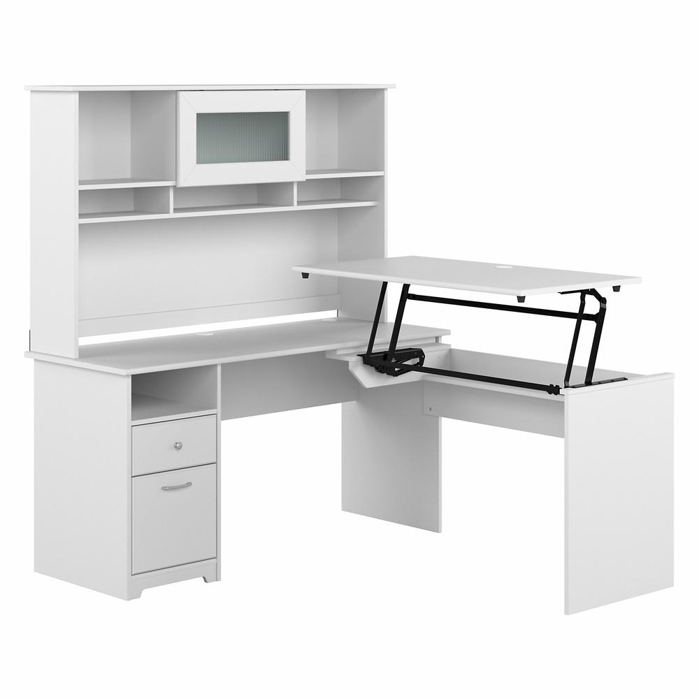 Bush Furniture Cabot 60W 3 Position Sit to Stand L Shaped Desk with Hutch, White. Picture 1