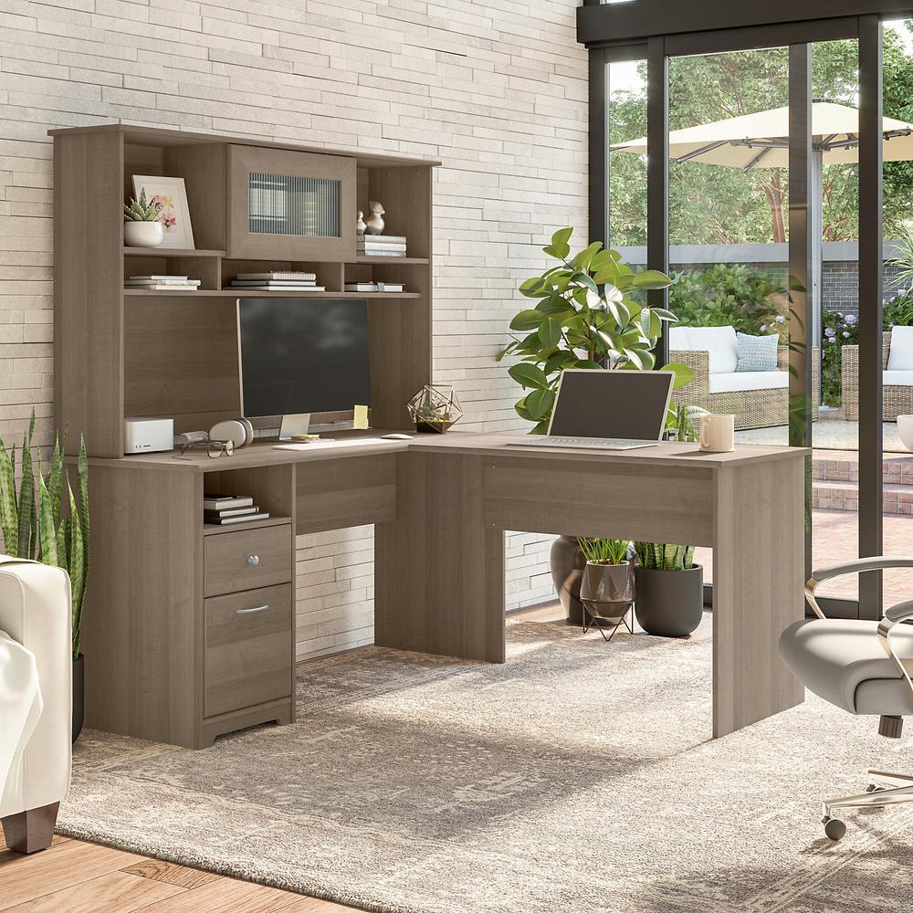 Bush Furniture Cabot 60W L Shaped Computer Desk with Hutch and Drawers, Ash Gray. Picture 2