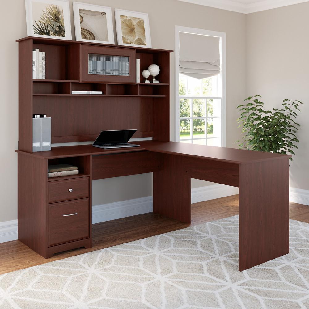 Bush Furniture Cabot 60W L Shaped Computer Desk with Hutch and Drawers, Harvest Cherry. Picture 2