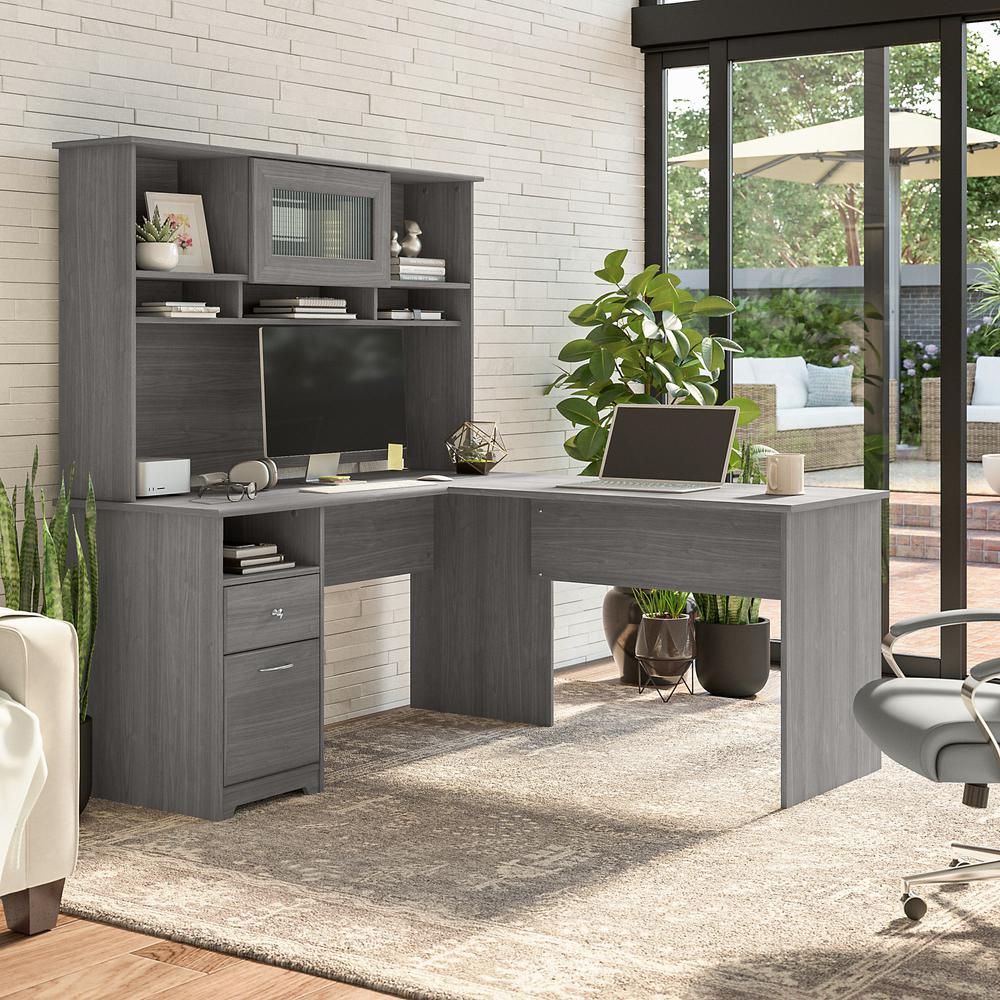 Bush Furniture Cabot 60W L Shaped Computer Desk with Hutch and Drawers, Modern Gray. Picture 4