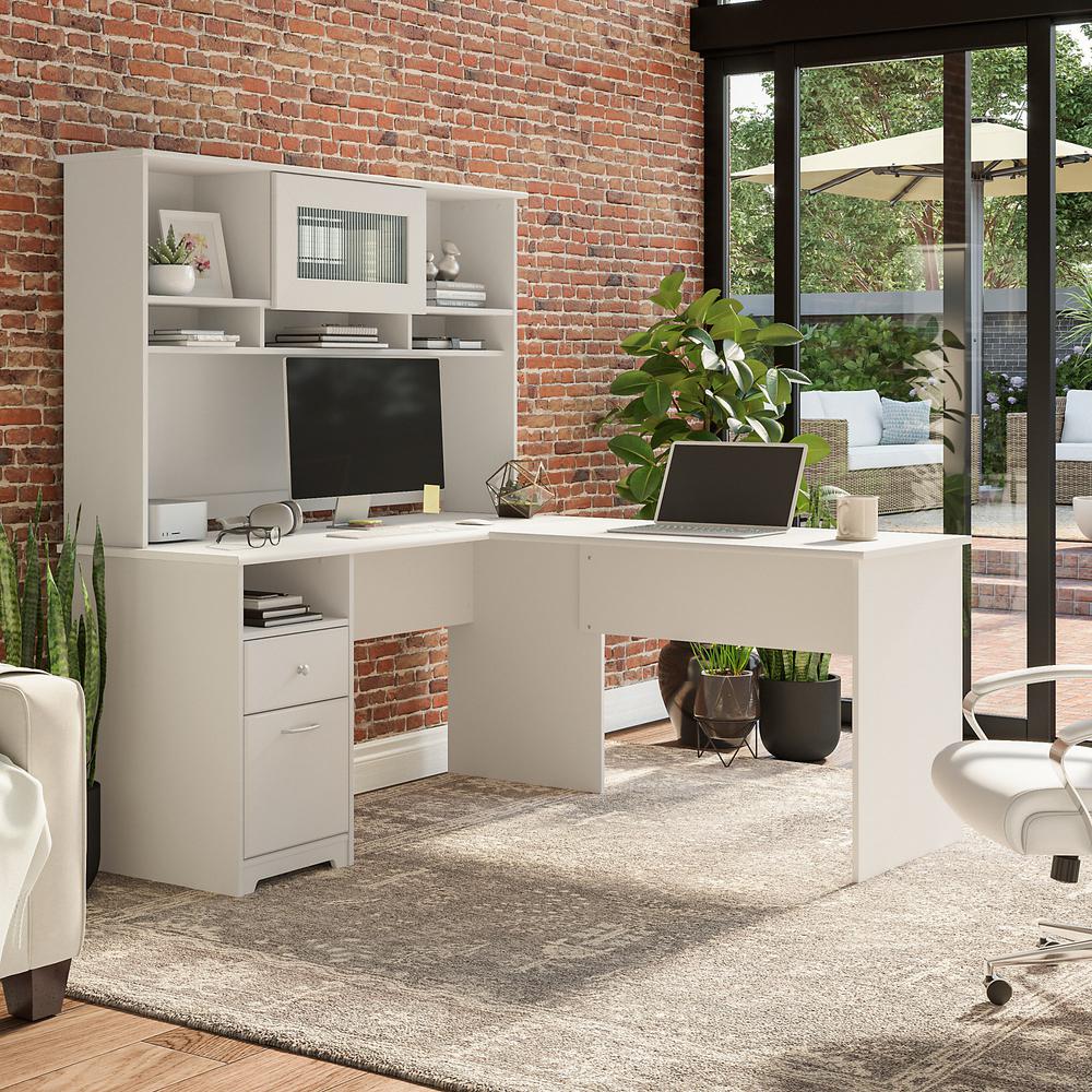 Bush Furniture Cabot 60W L Shaped Computer Desk with Hutch and Drawers, White. Picture 2