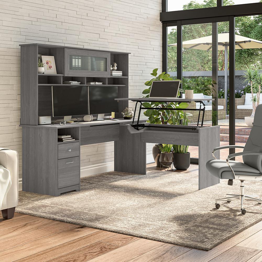 Bush Furniture Cabot 72W 3 Position Sit to Stand L Shaped Desk with Hutch, Modern Gray. Picture 2