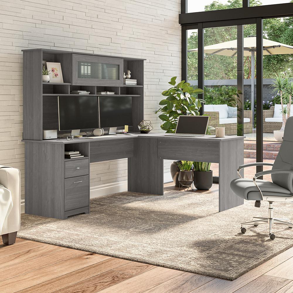 Bush Furniture Cabot 72W L Shaped Computer Desk with Hutch and Drawers, Modern Gray. Picture 2
