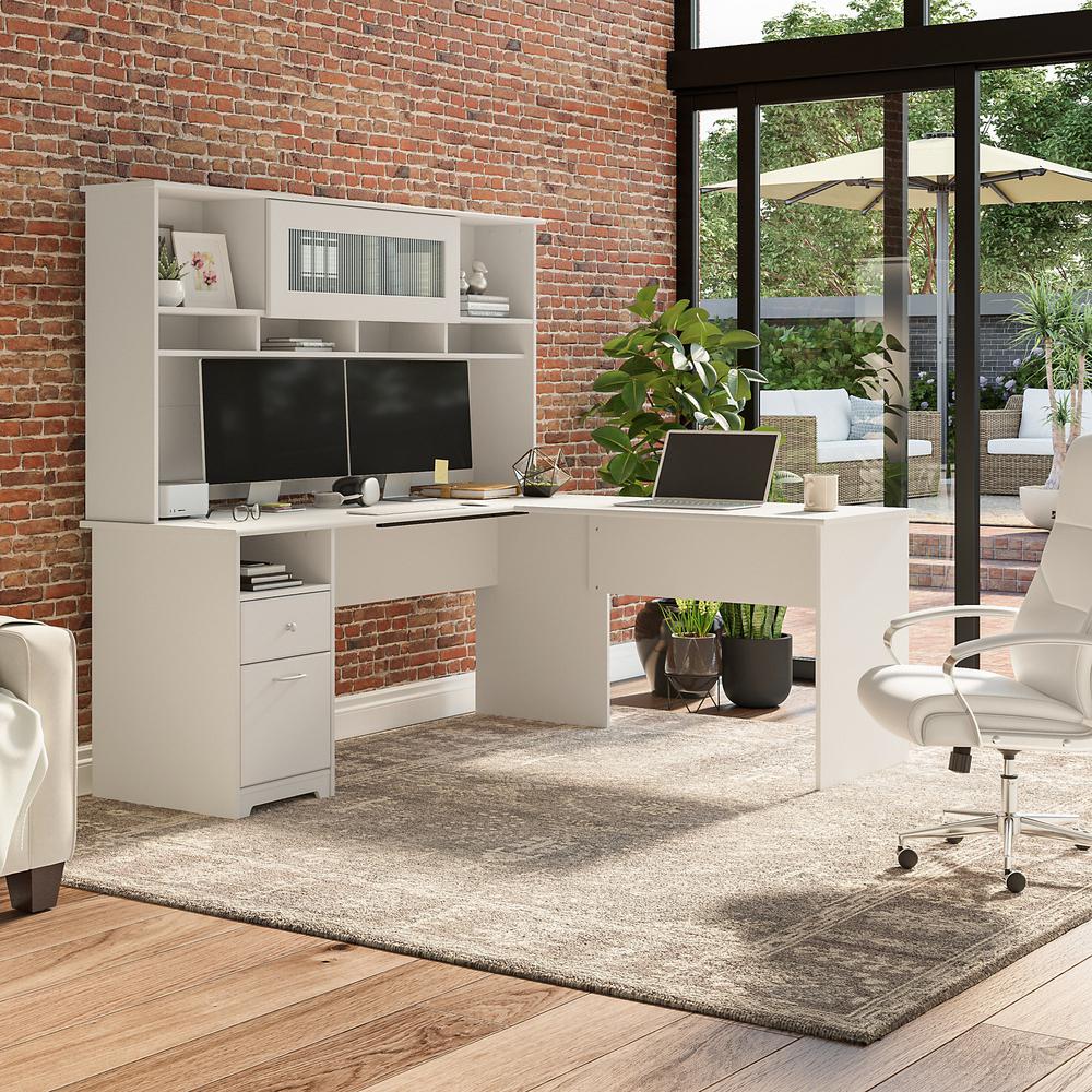 Bush Furniture Cabot 72W L Shaped Computer Desk with Hutch and Drawers, White. Picture 2