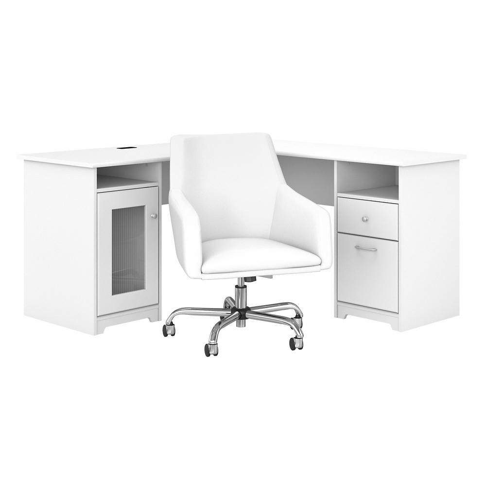 60W L Shaped Computer Desk with Mid Back Leather Box Chair White. Picture 1