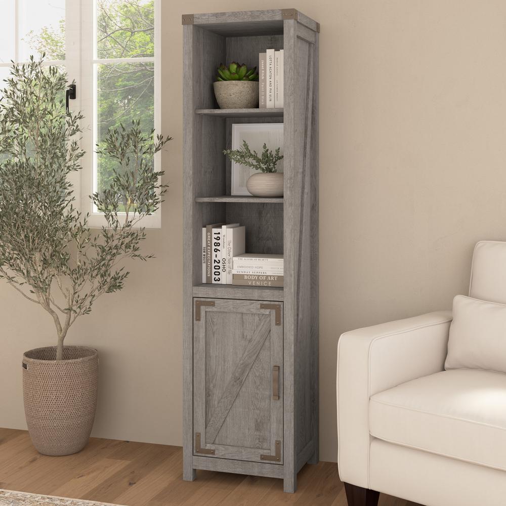 Knoxville Tall Narrow 5 Shelf Bookcase with Door in Restored Gray. Picture 3