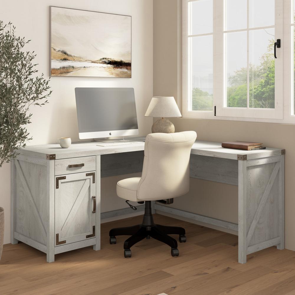 Knoxville 60W L Shaped Desk with Drawer and Storage Cabinet in Cottage White. Picture 3