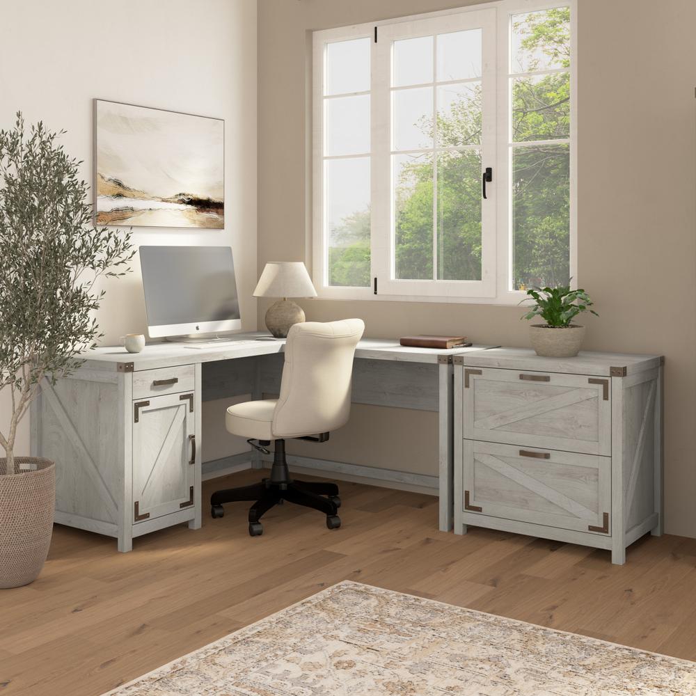 Knoxville 60W L Shaped Desk with 2 Drawer Lateral File Cabinet in Cottage White. Picture 1