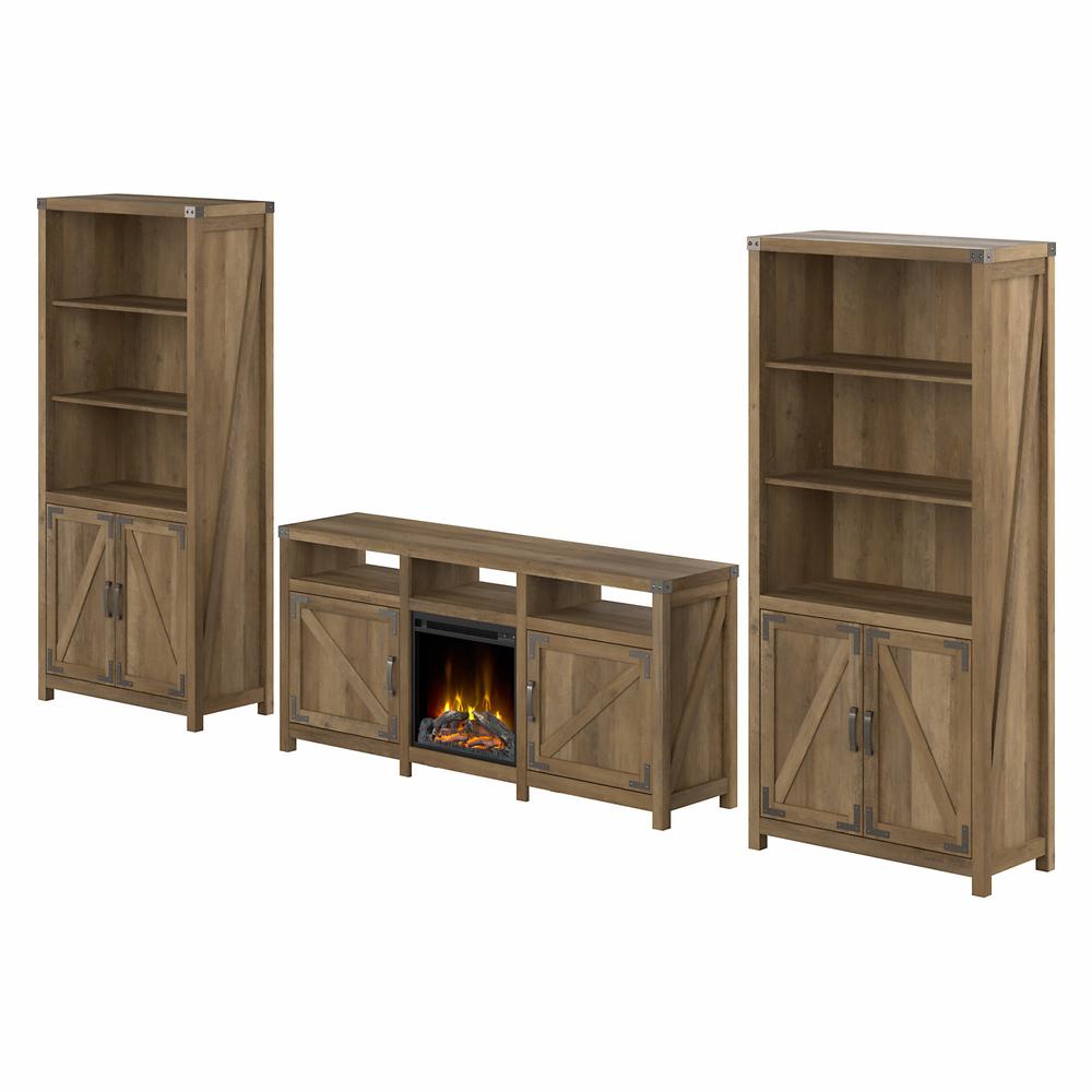 kathy ireland® Home by Bush Furniture Cottage Grove Electric Fireplace TV Stand for 70 Inch TV with 5 Shelf Bookcases with Doors, Reclaimed Pine. Picture 1