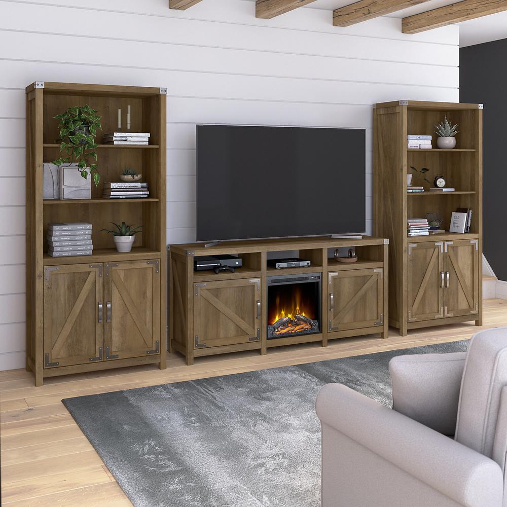 kathy ireland® Home by Bush Furniture Cottage Grove Electric Fireplace TV Stand for 70 Inch TV with 5 Shelf Bookcases with Doors, Reclaimed Pine. Picture 6
