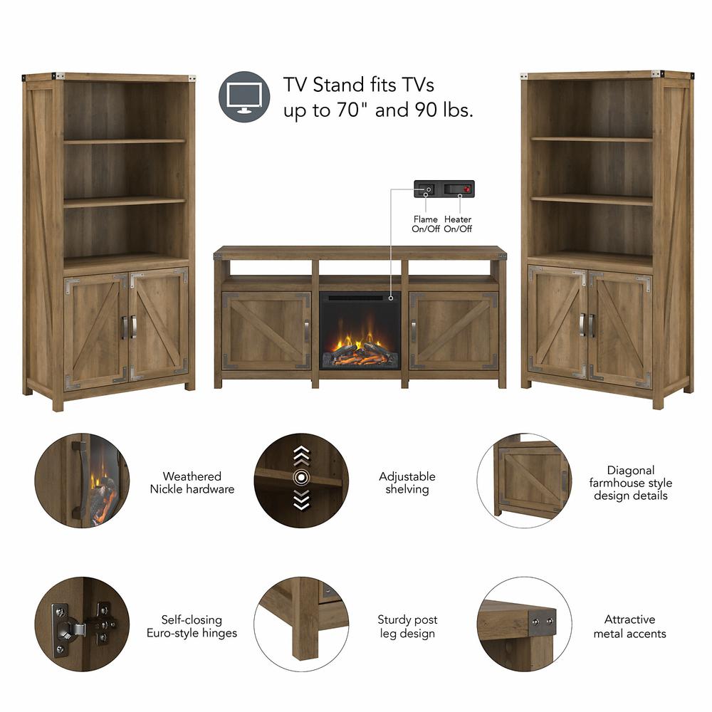 kathy ireland® Home by Bush Furniture Cottage Grove Electric Fireplace TV Stand for 70 Inch TV with 5 Shelf Bookcases with Doors, Reclaimed Pine. Picture 5