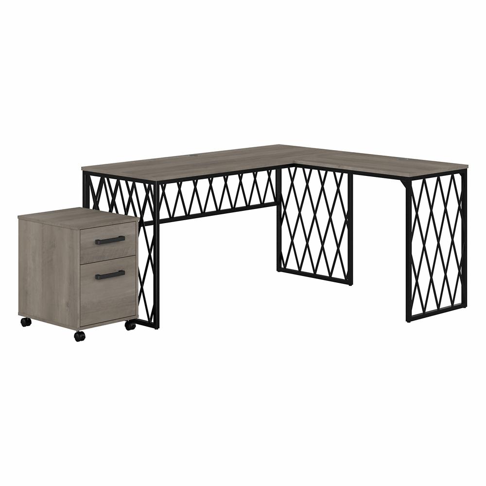 kathy ireland® Home by Bush Furniture City Park 60W Industrial L Shaped Desk with Mobile File Cabinet, Driftwood Gray. Picture 1