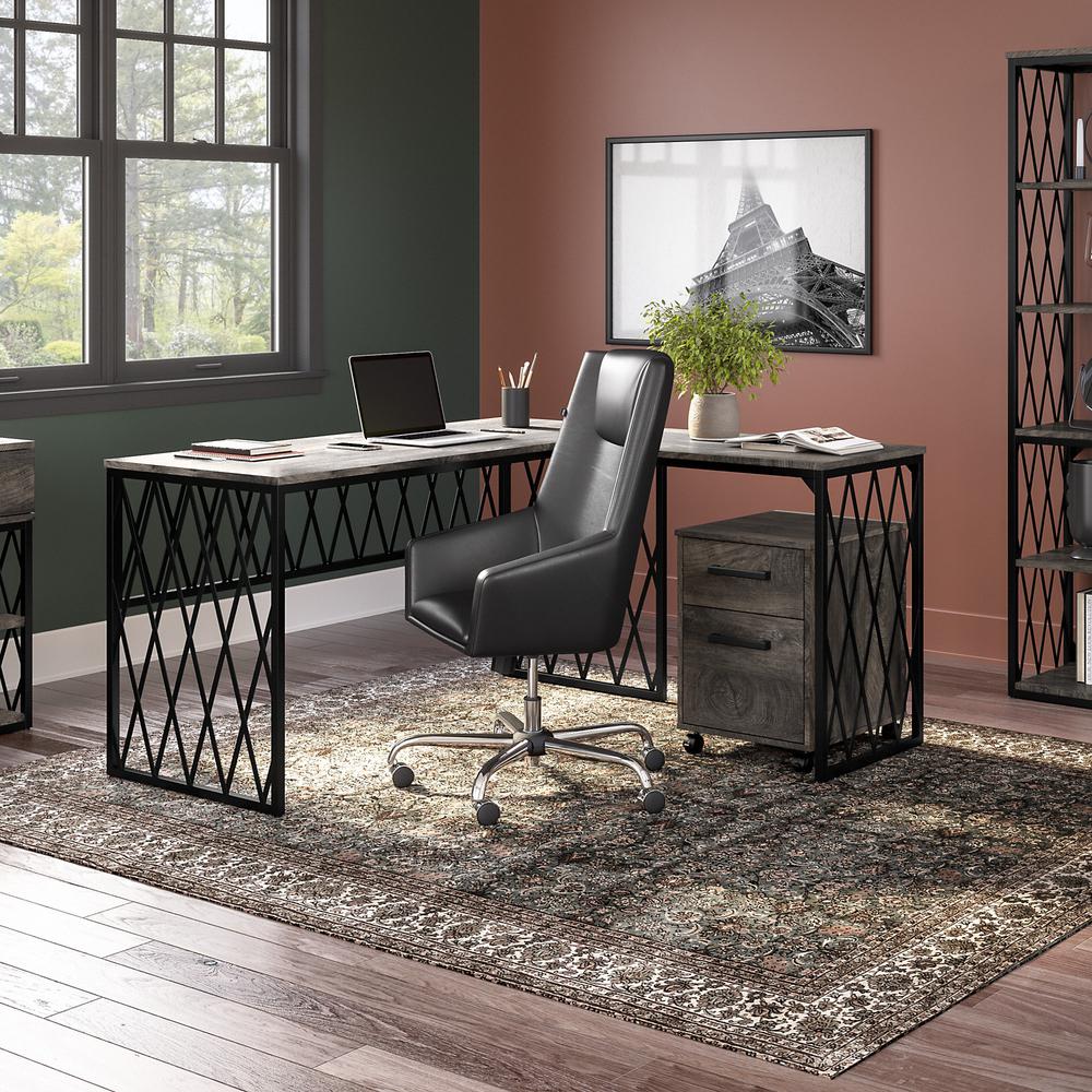 kathy ireland® Home by Bush Furniture City Park 60W Industrial L Shaped Desk with Mobile File Cabinet, Dark Gray Hickory. Picture 2
